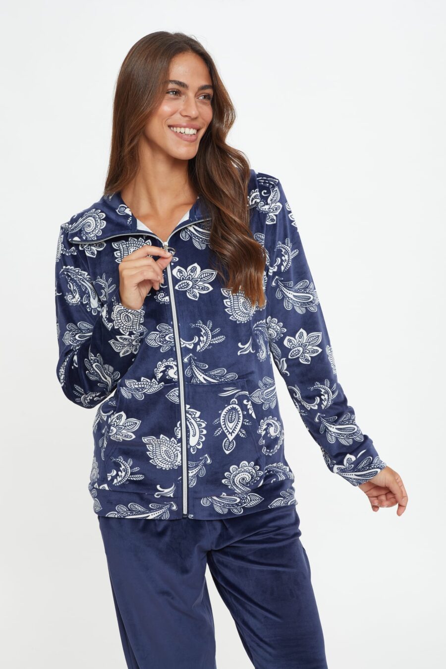 חליפת פיג'מה פליז עם רוכסן דוגמת פייזלי